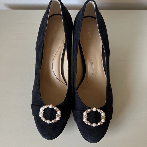 TALBOTS Black Suede Leather CLASSIC PUMPS Midi Block-Heel Shoes with Gems - Picture 1 of 8